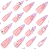 VIBEFICANT GLAZE Long Stiletto Pink French Tip Rhinestone 3D Floral Butterfly  Press on Nails